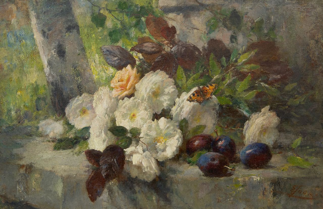 Joors E.  | Eugeen Joors | Gemälde zum Verkauf angeboten | Stilleben mit Rosen, Obst und einem Schmetterling, Öl auf Leinwand 48,5 x 73,8 cm, Unterzeichnet u.r.