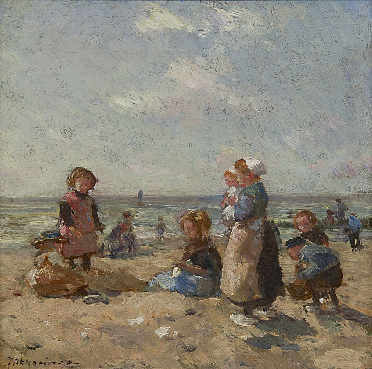 Akkeringa J.E.H.  | 'Johannes Evert' Hendrik Akkeringa, Kinder spielen am Strand von Scheveningen, Öl auf Holz 16,3 x 16,8 cm, Unterzeichnet u.l.