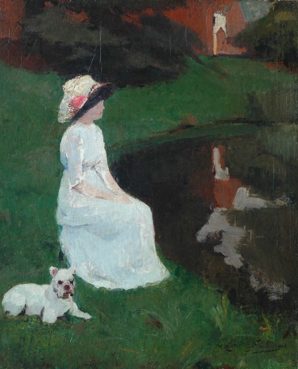 Stiellemans H.V.  | Henri Victor Stiellemans | Gemälde zum Verkauf angeboten | Dame mit Bulldogge in einem Park, Öl auf Leinwand 59,9 x 50,0 cm, Unterzeichnet u.r.