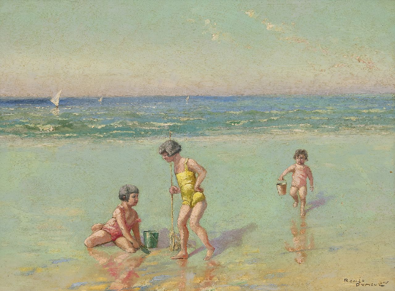 Dumoulin R.  | Roméo Dumoulin, Kinder am Strand, Öl auf Malereifaser 30,7 x 40,9 cm, Unterzeichnet u.r.