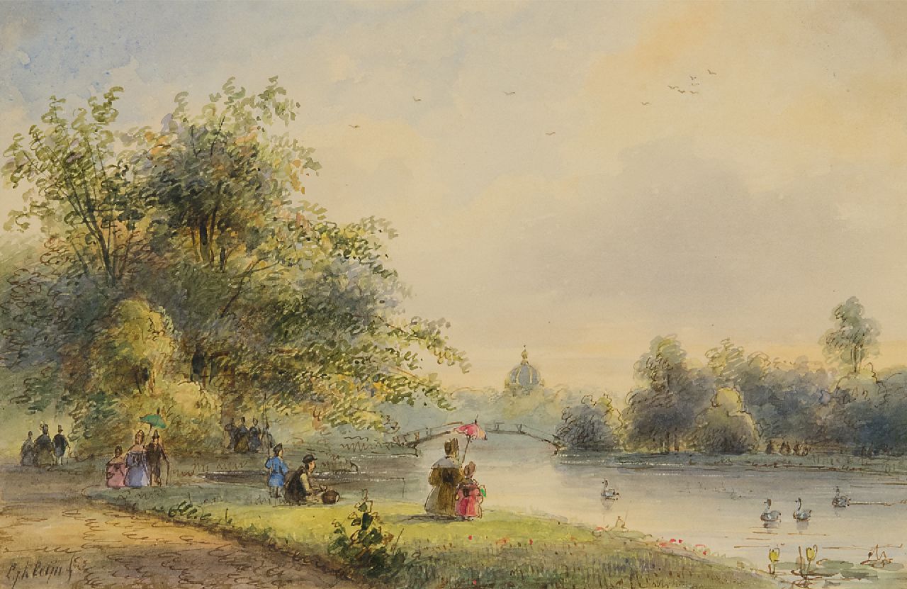 Kleijn L.J.  | Lodewijk Johannes Kleijn | Aquarelle und Zeichnungen zum Verkauf angeboten | Spaziergänger am Teich von Huis ten Bosch im Haag, Aquarell auf Papier 14,0 x 21,5 cm, Unterzeichnet u.l. und im verso