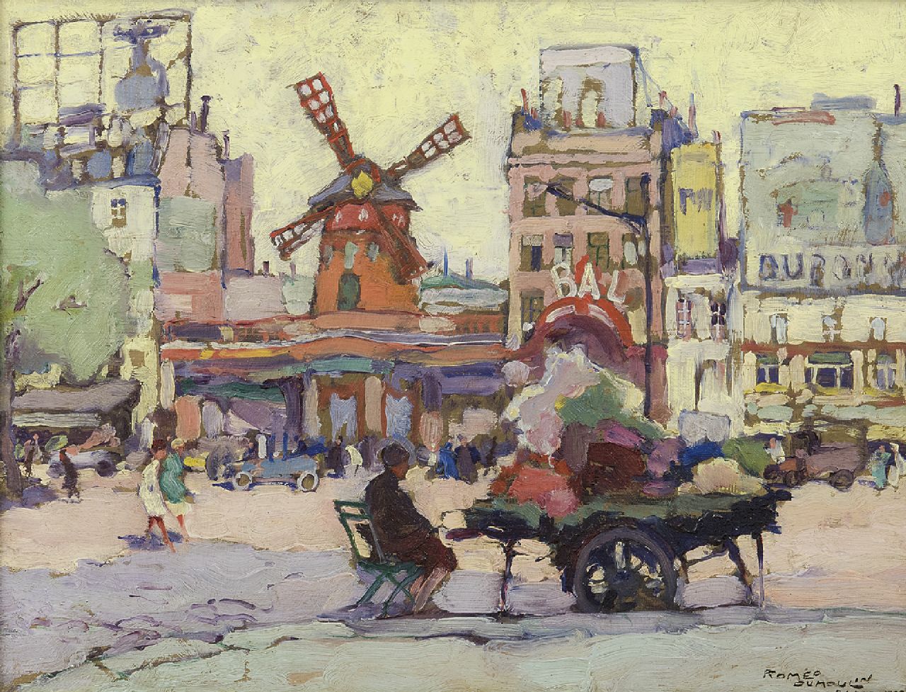 Dumoulin R.  | Roméo Dumoulin,  Place Blanche mit der Moulin Rouge, Paris, Öl auf Holz 26,9 x 34,8 cm, Unterzeichnet u.r. und datiert 'Paris' 1927
