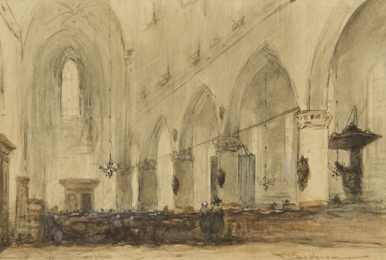 Bosboom J.  | Johannes Bosboom, Kirchenraum, Aquarell auf Papier 13,0 x 19,2 cm, Unterzeichnet u.r.