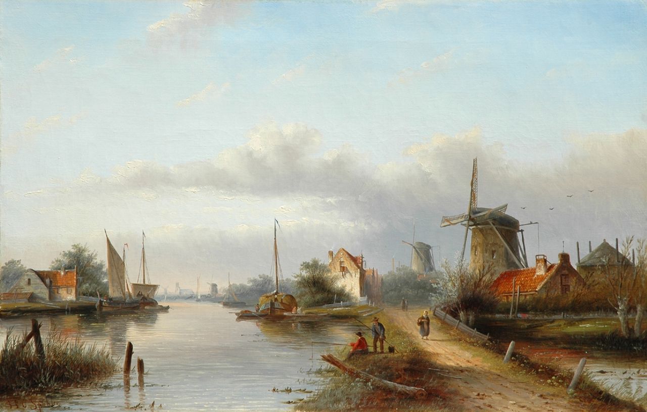 Spohler J.J.C.  | Jacob Jan Coenraad Spohler, Flussansicht in Holland, Öl auf Leinwand 42,8 x 66,4 cm, Unterzeichnet u.l.