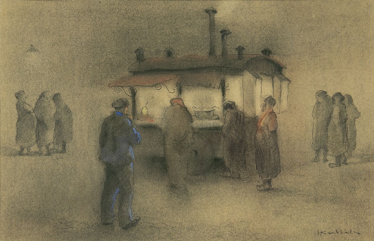 Korthals J.  | Johannes 'Jan' Korthals, An der Pommesbude, Bleistift und Kreide auf Papier 29,3 x 39,5 cm, Unterzeichnet u.r.
