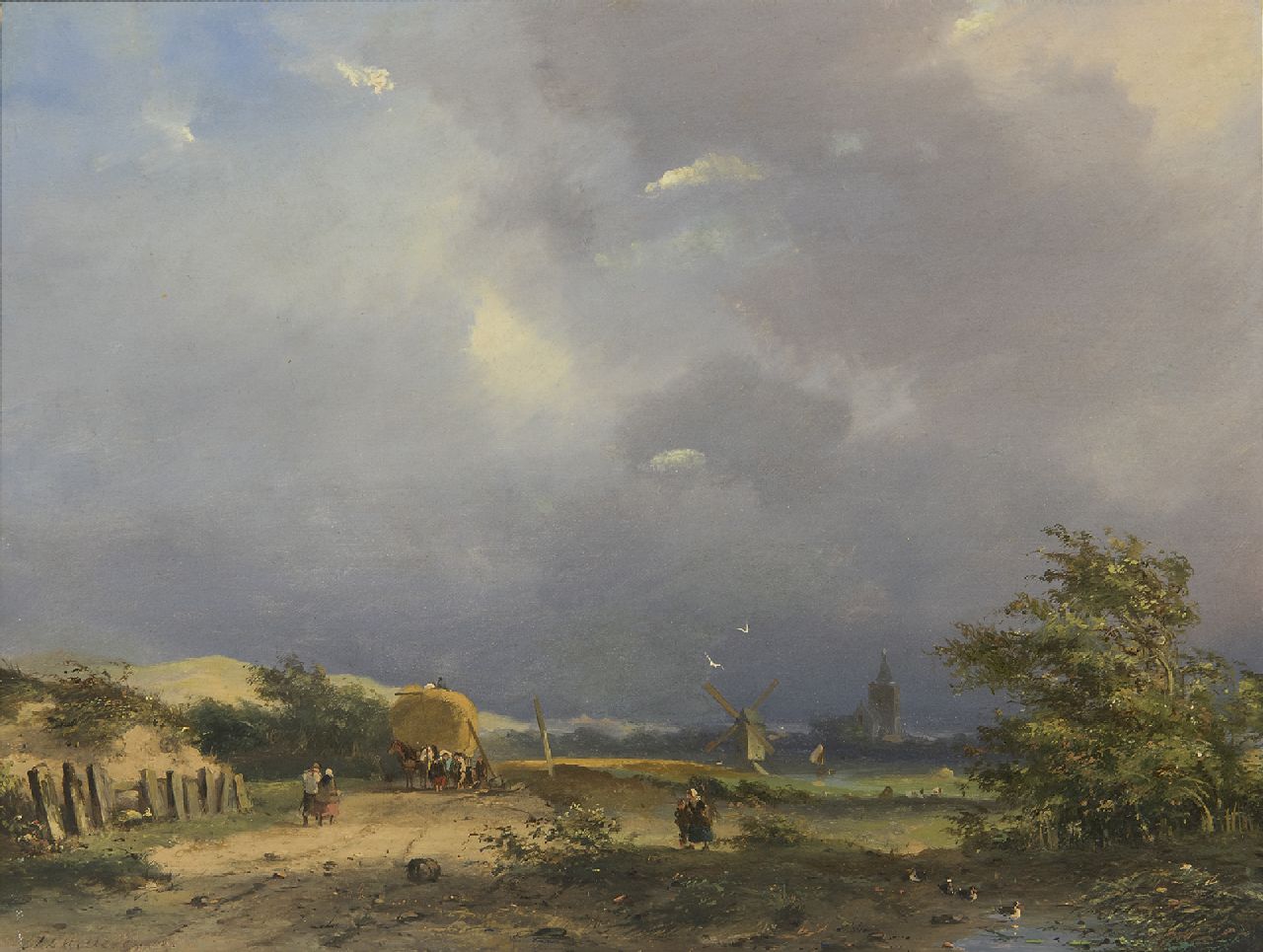 Hilleveld A.D.  | Adrianus David Hilleveld | Gemälde zum Verkauf angeboten | Landschaft mit Landleuten und Heuwagen, Öl auf Holz 24,6 x 32,0 cm, Unterzeichnet u.l.