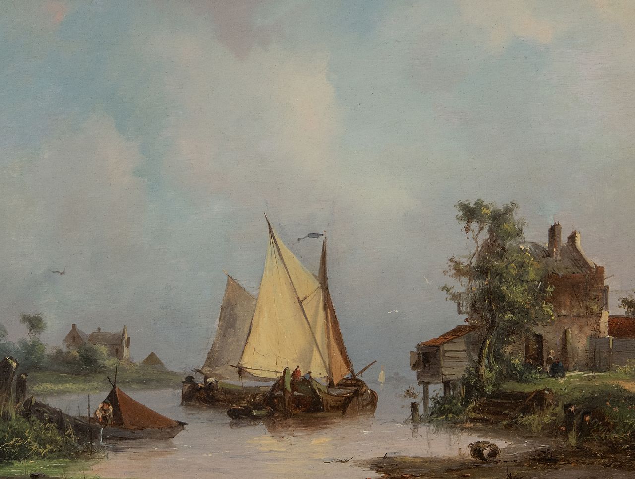 Hilleveld A.D.  | Adrianus David Hilleveld | Gemälde zum Verkauf angeboten | Segelschiffe auf einem Fluss, Öl auf Holz 24,8 x 32,3 cm