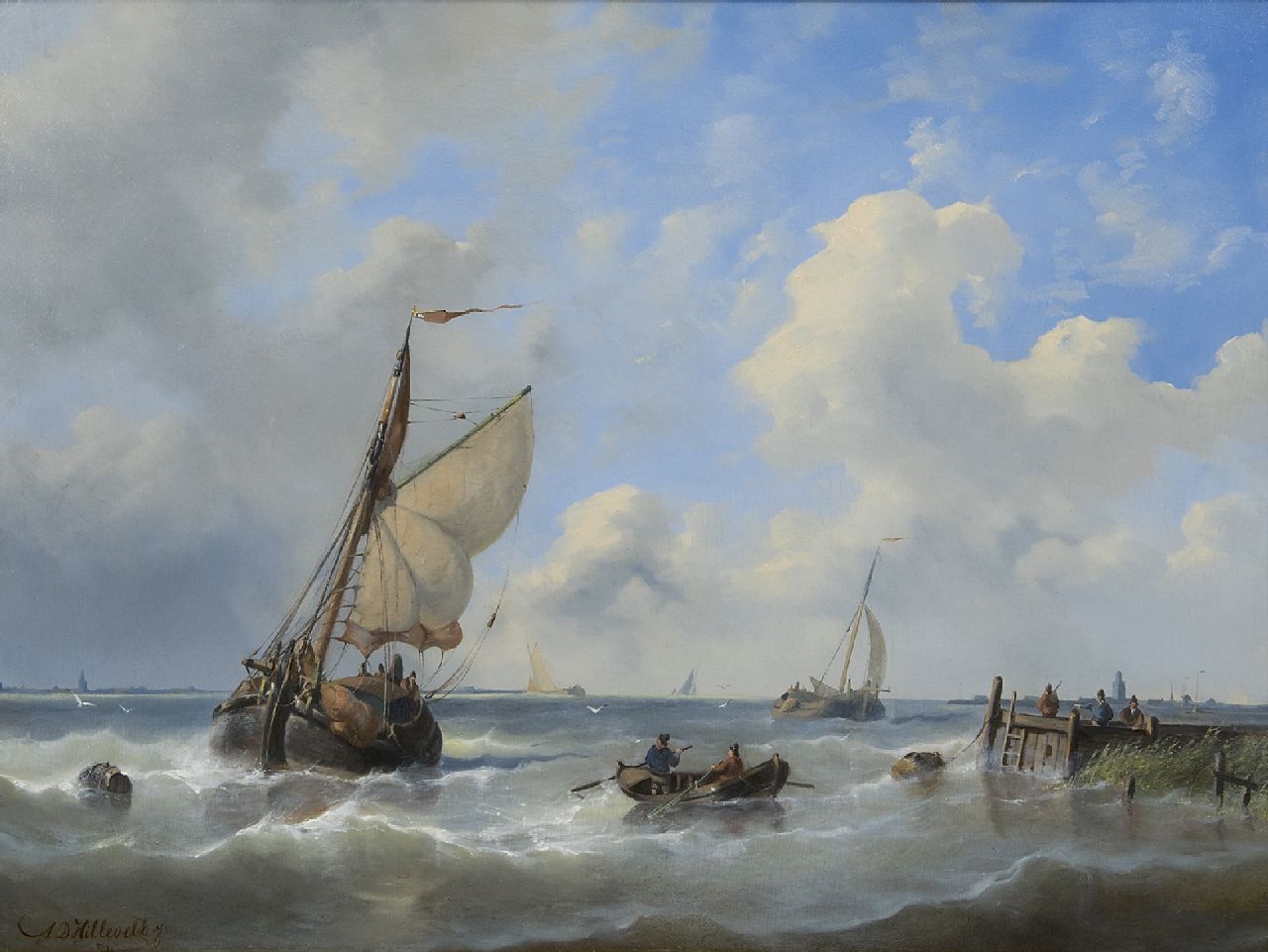 Hilleveld A.D.  | Adrianus David Hilleveld | Gemälde zum Verkauf angeboten | Segelschiffe vor der Küste, Öl auf Holz 43,1 x 56,5 cm, Unterzeichnet u.l. und datiert '54