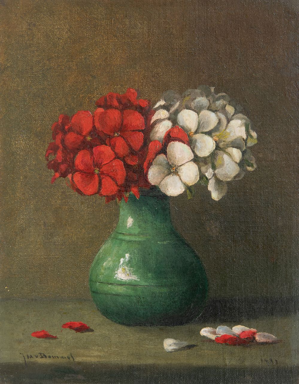 Bommel J.M. van | Jacobus Marinus van Bommel, Flammenblumen in einer Vase, Öl auf Leinwand auf Holz 23,0 x 18,1 cm, Unterzeichnet u.l. und datiert 1917