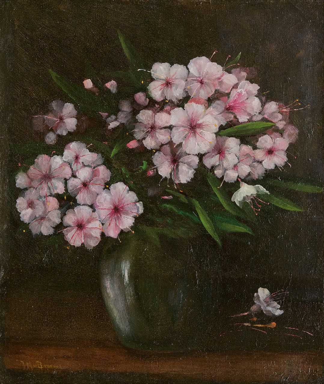 Bommel J.M. van | Jacobus Marinus van Bommel | Gemälde zum Verkauf angeboten | Rhododendrenzweige in einer Vase, Öl auf Leinwand 38,2 x 33,3 cm, Unterzeichnet u.l. und datiert im Verso 1932