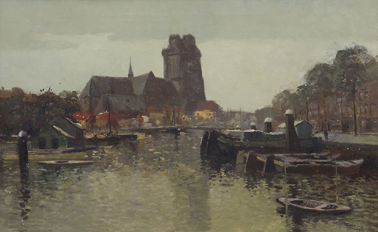 Soer C.  | Christiaan 'Chris' Soer, Der Neue Hafen und die Grote Kerk, Dordrecht, Öl auf Leinwand 38,5 x 60,5 cm, Unterzeichnet u.r.