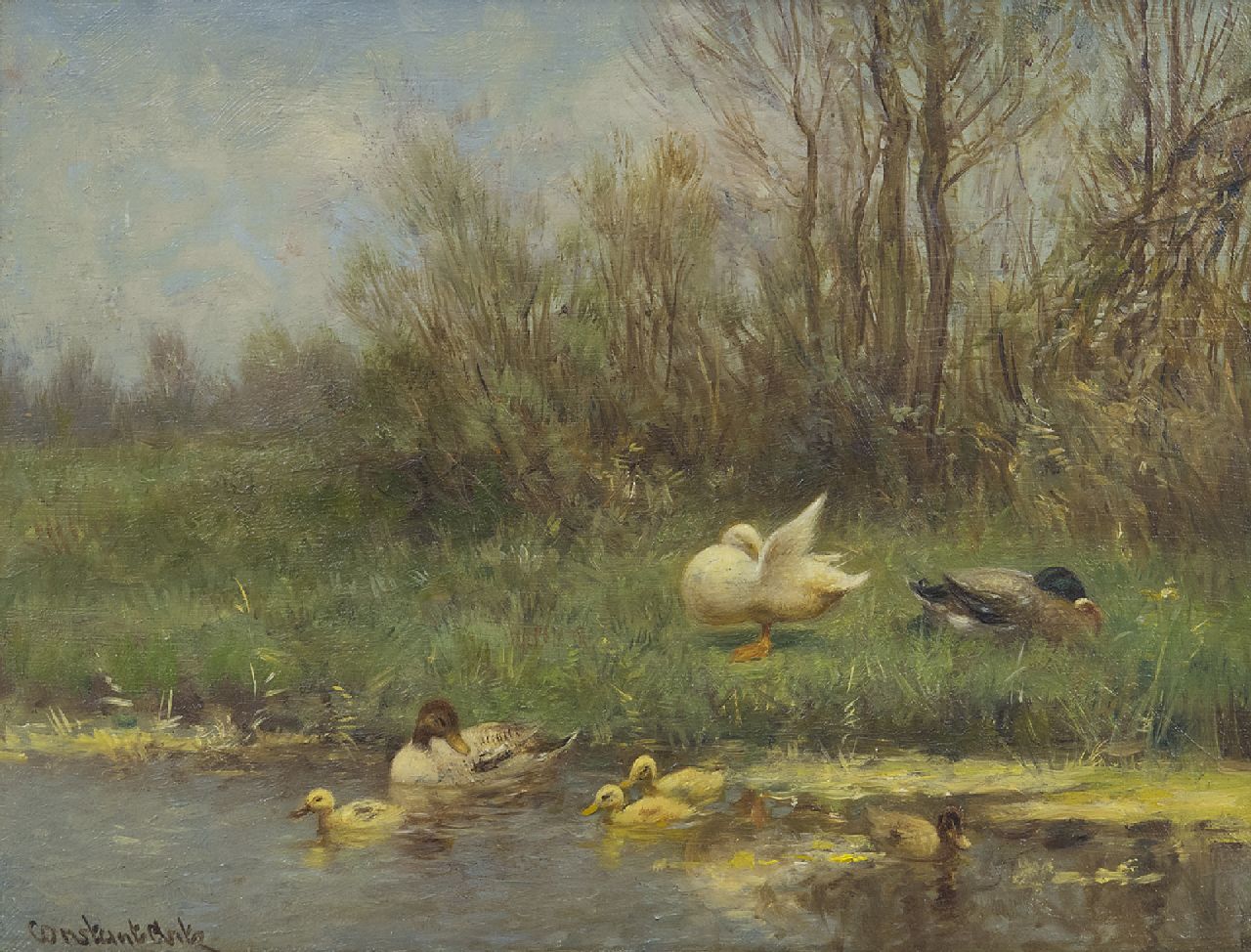 Artz C.D.L.  | 'Constant' David Ludovic Artz | Gemälde zum Verkauf angeboten | Enten mit Küken am Ufer, Öl auf Holz 18,1 x 23,9 cm, Unterzeichnet u.l.