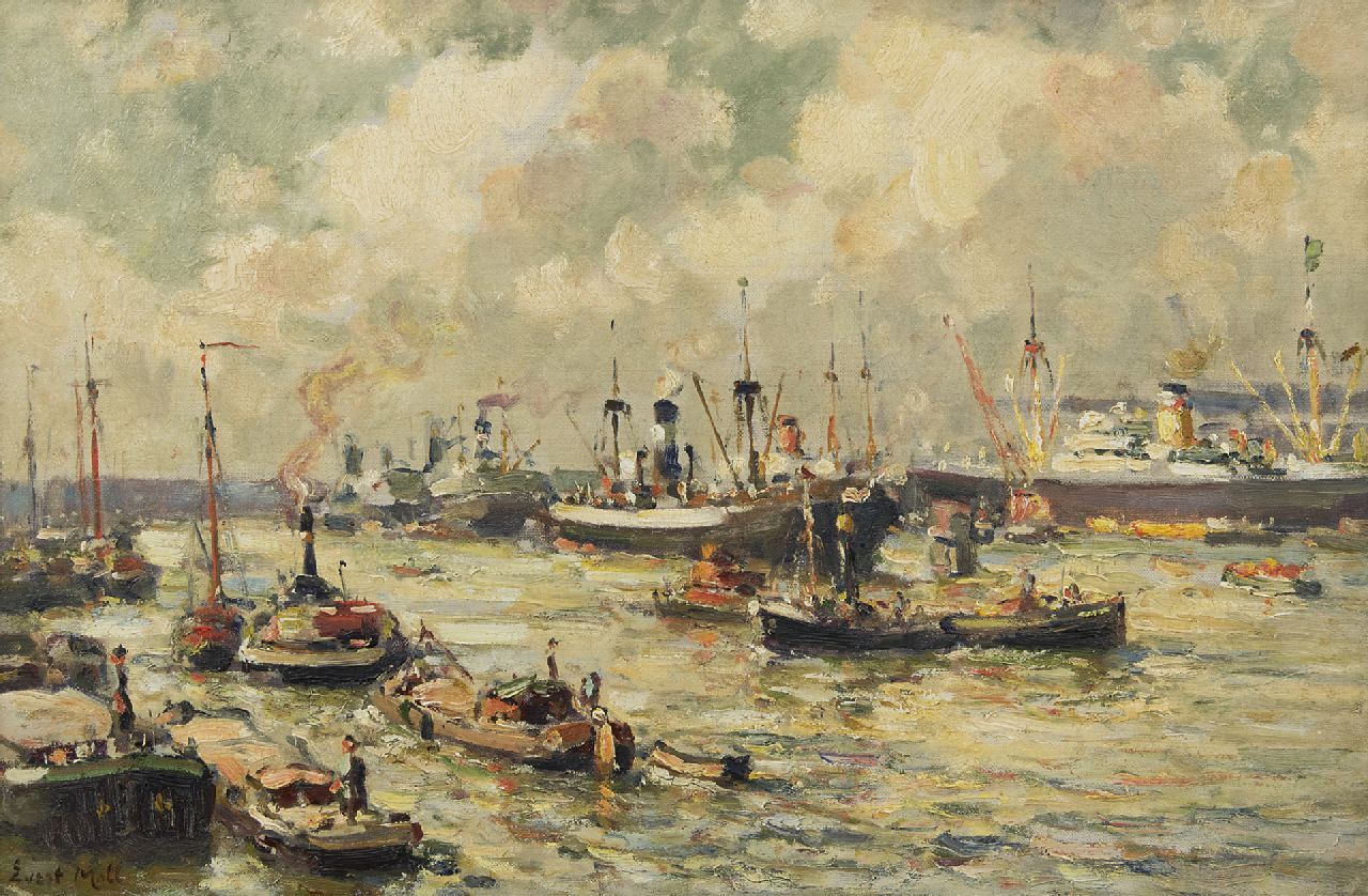 Moll E.  | Evert Moll | Gemälde zum Verkauf angeboten | Lebhafter Hafen von Rotterdam, Öl auf Leinwand 40,1 x 60,5 cm, Unterzeichnet u.l.