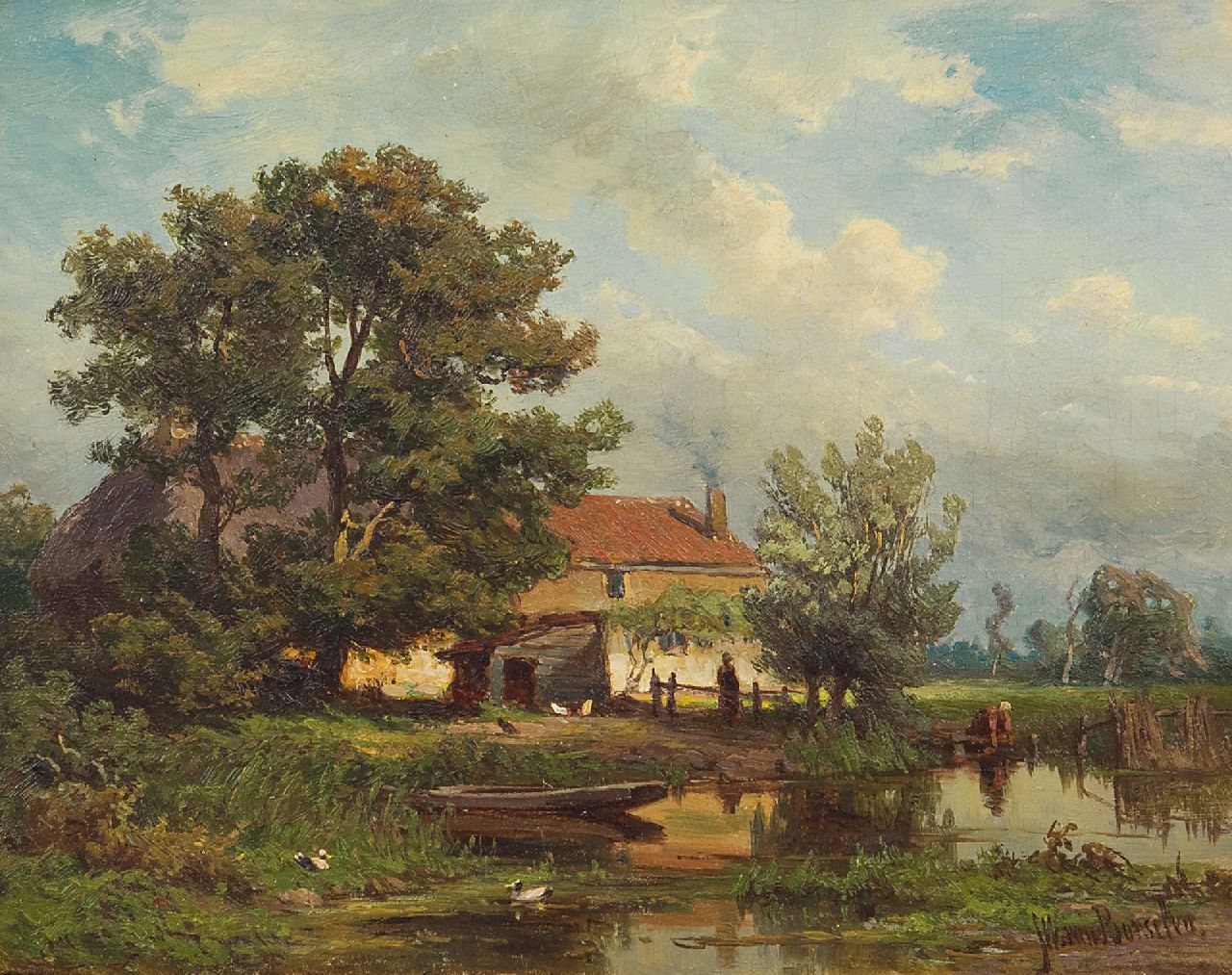 Borselen J.W. van | Jan Willem van Borselen,  Bauernhof am Wasser, Öl auf Holz 14,8 x 18,9 cm, Unterzeichnet u.r.