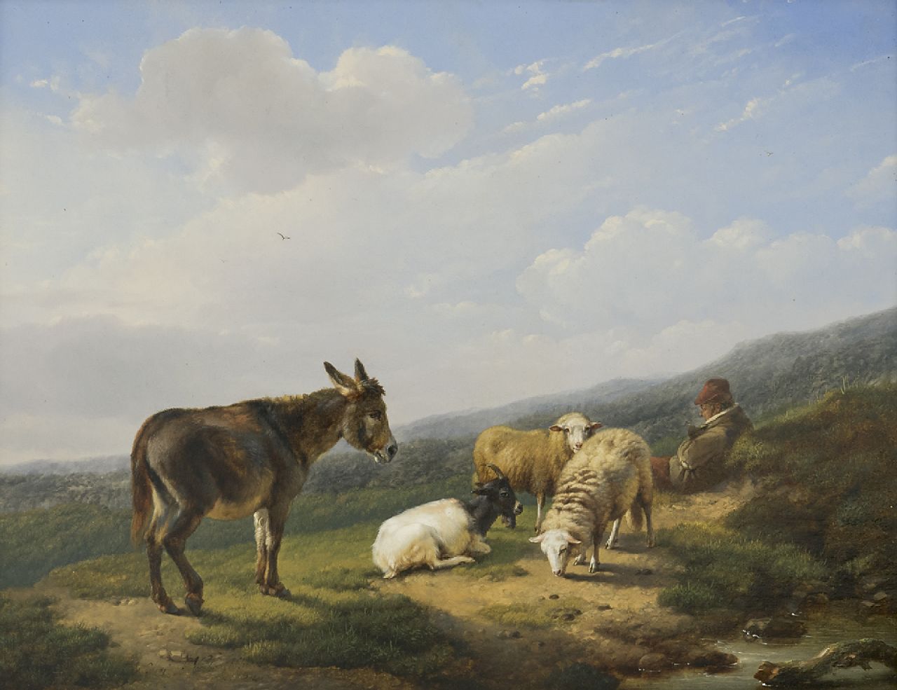 Verboeckhoven E.J.  | Eugène Joseph Verboeckhoven, Esel und Schafe mit ruhendem Hirten, Öl auf Holz 24,7 x 32,2 cm, Unterzeichnet u.l.
