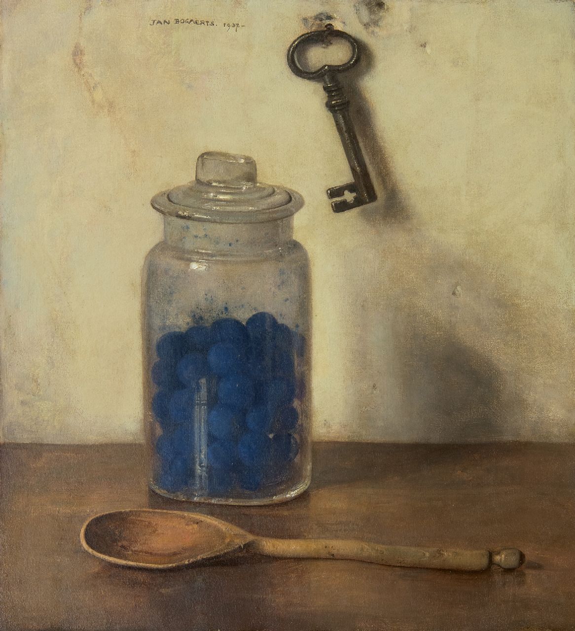 Bogaerts J.J.M.  | Johannes Jacobus Maria 'Jan' Bogaerts | Gemälde zum Verkauf angeboten | Glastopf mit Waschblaukügelchen, Öl auf Leinwand 36,0 x 32,9 cm, Unterzeichnet M.o. und datiert 1937