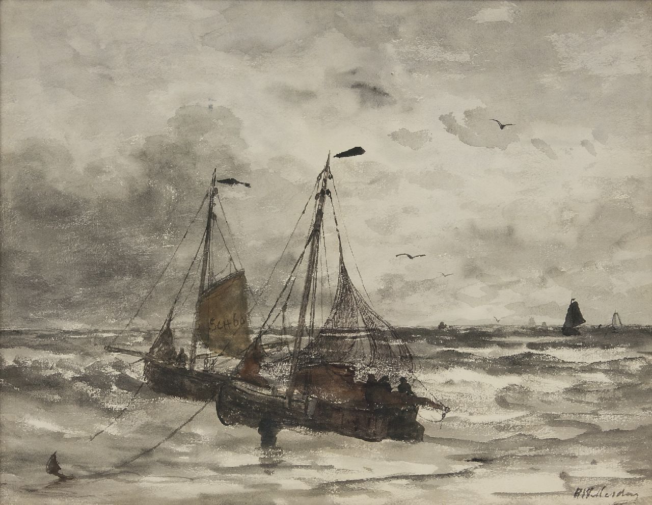 Mesdag H.W.  | Hendrik Willem Mesdag, Fischerboote vor Anker in der Brandung, Aquarell auf Papier 45,0 x 57,7 cm, Unterzeichnet u.r.