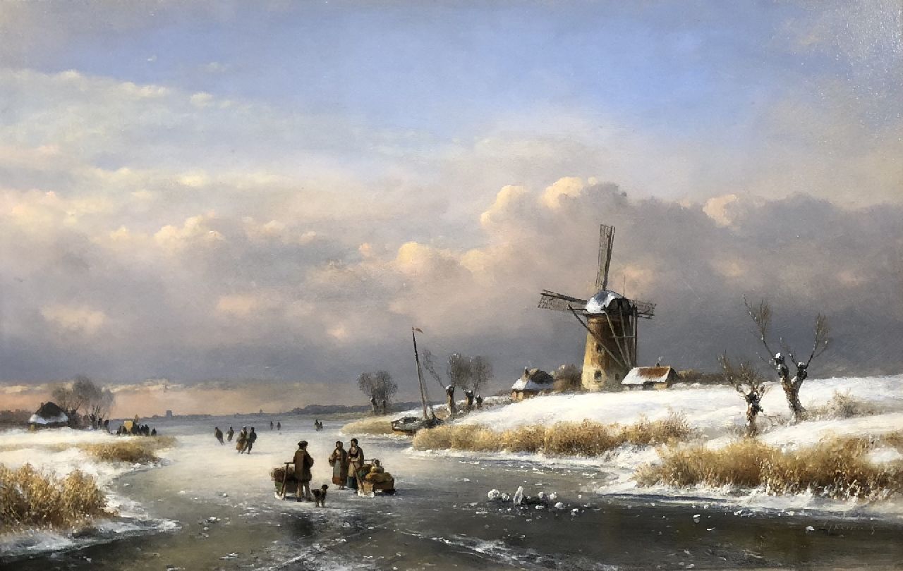 Kleijn L.J.  | Lodewijk Johannes Kleijn, Winterlandschaft mit Mühle und Schlittschuhläuferinnen, Öl auf Holz 33,6 x 52,0 cm, Unterzeichnet u.r.