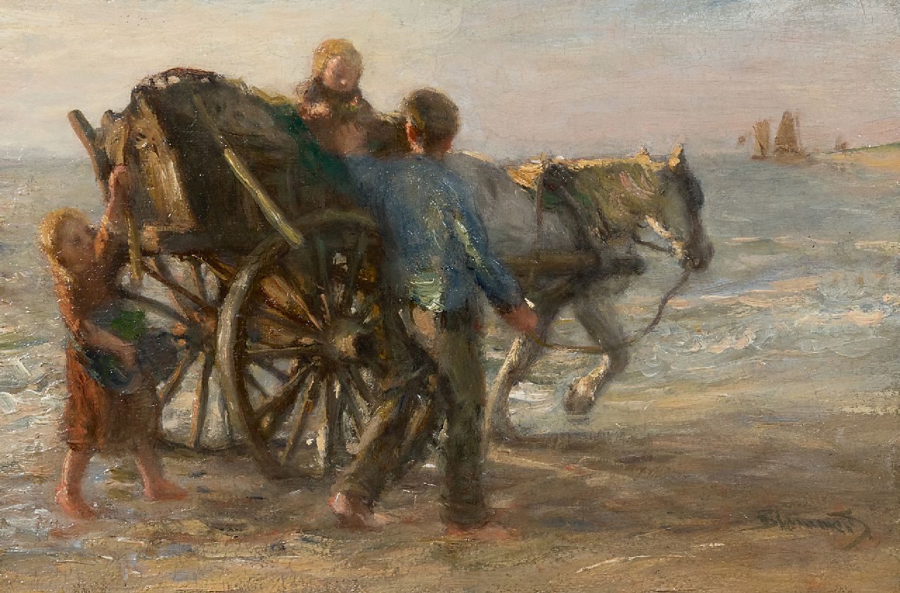 Blommers B.J.  | Bernardus Johannes 'Bernard' Blommers, Muschelfischer mit seinen Kindern am Strand, Öl auf Leinwand 28,3 x 42,0 cm, Unterzeichnet u.r.