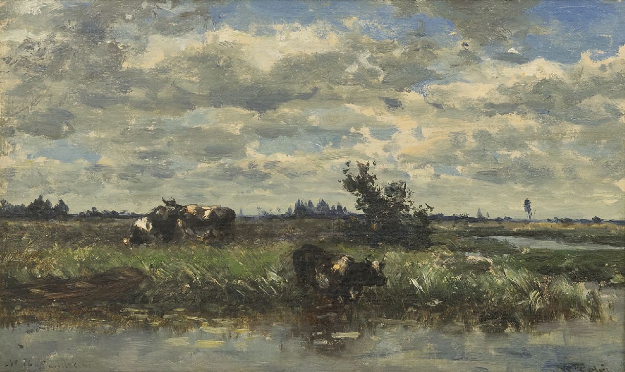 Roelofs W.  | Willem Roelofs, Kühe an einem Wasser, Loosdrecht, Öl auf Leinwand 27,0 x 44,4 cm, Unterzeichnet u.r.