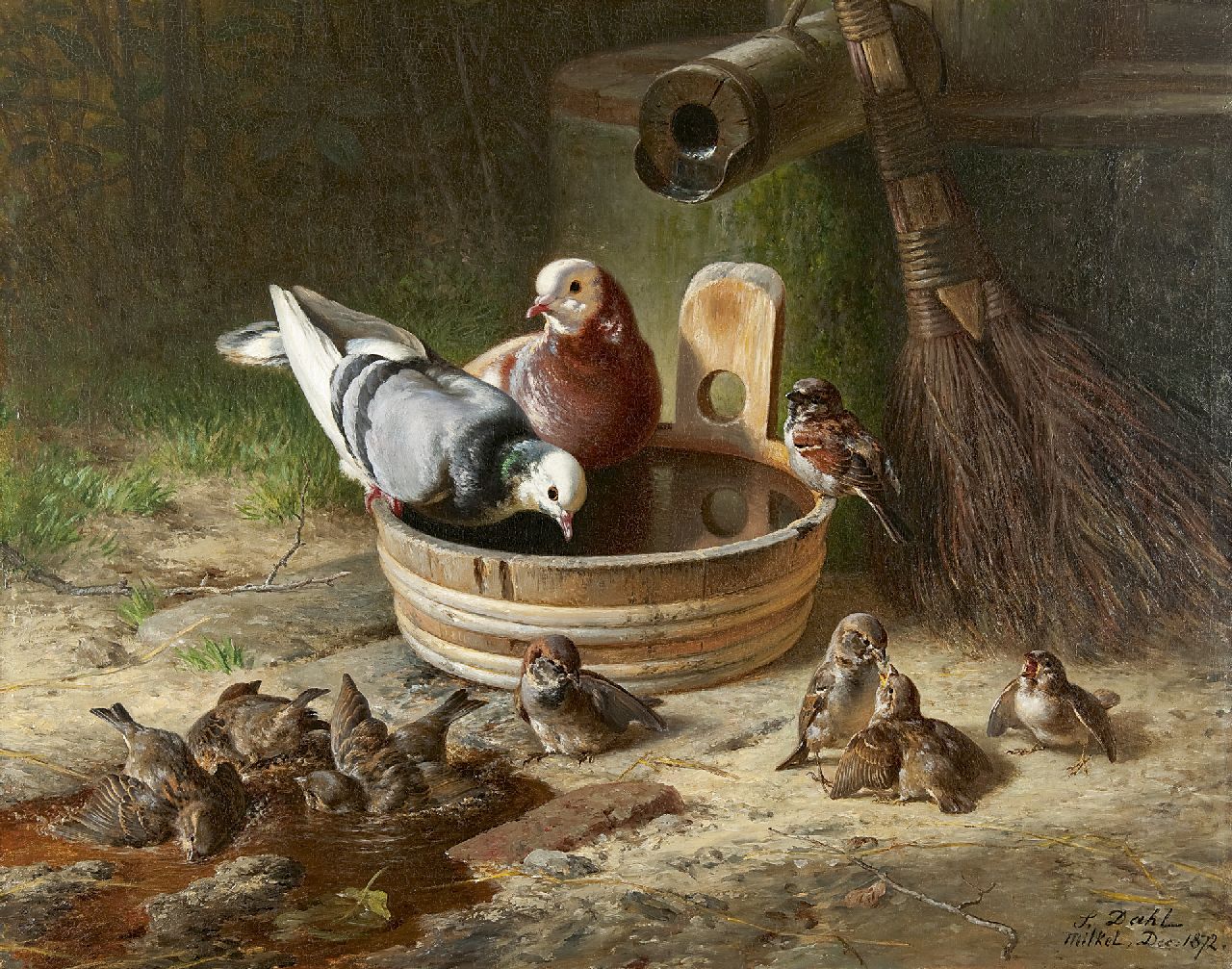 Hans Dahl | Tauben und Spatzen bei einem Trinkgefäss, Öl auf Leinwand, 70,7 x 90,0 cm, Unterzeichnet u.r. und datiert 'Milkel' Dec. 1872
