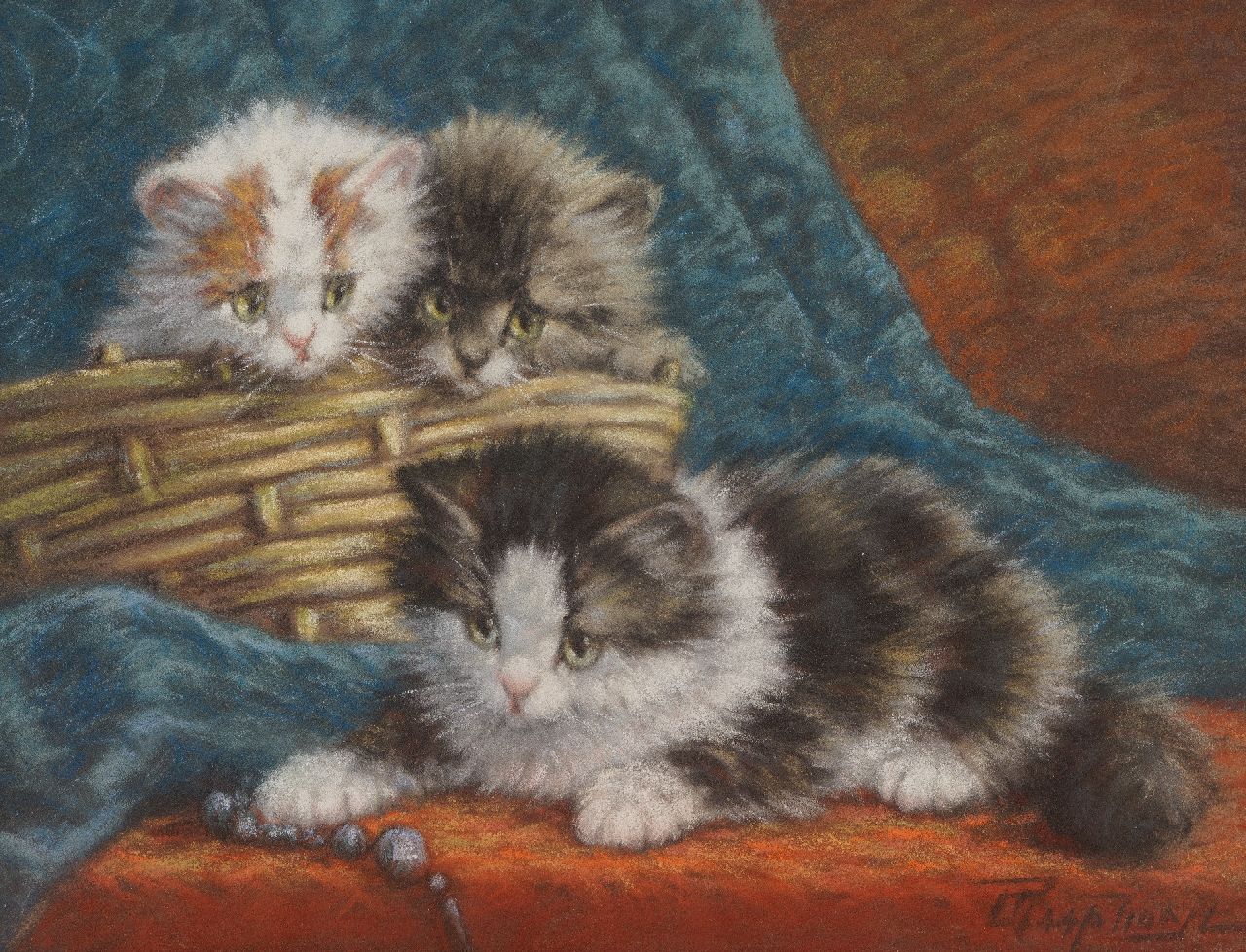 Raaphorst C.  | Cornelis Raaphorst, Drei Kätzchen spielend met Halskette, Pastell auf Papier auf Malerholzfaser 24,4 x 30,9 cm, Unterzeichnet u.r.