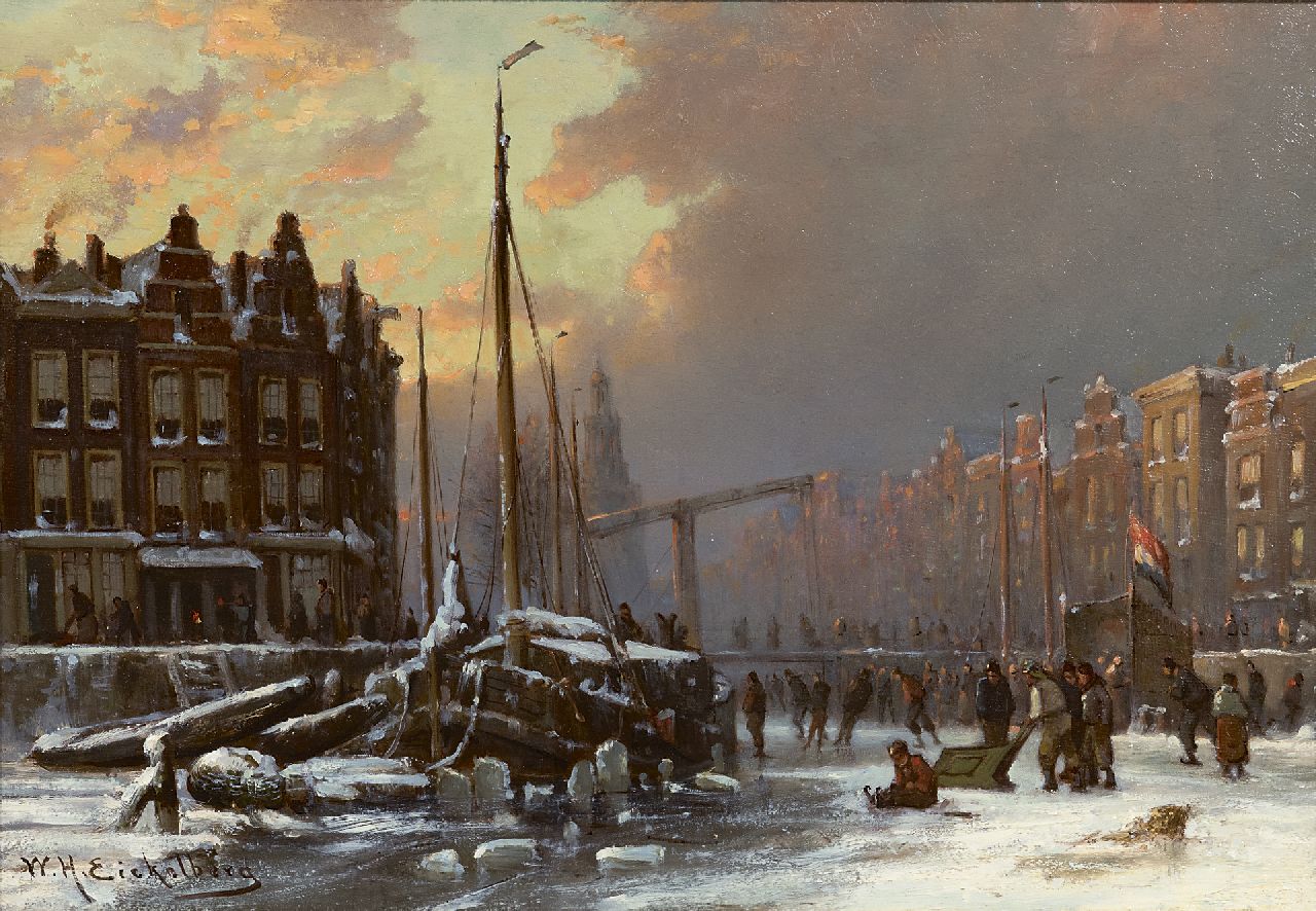 Eickelberg W.H.  | Willem Hendrik Eickelberg | Gemälde zum Verkauf angeboten | Vergnügen auf dem Eis auf Amsterdamer Gracht, Öl auf Holz 26,8 x 38,2 cm, Unterzeichnet u.l. und zu datieren nach 1904