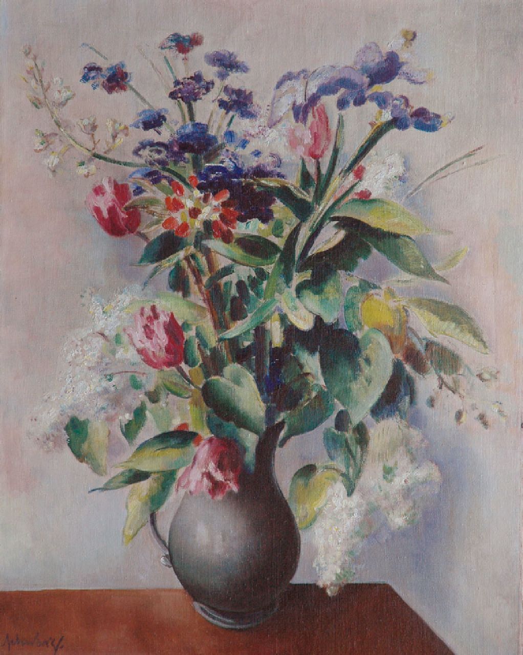 Schwarz S.  | Samuel 'Mommie' Schwarz | Gemälde zum Verkauf angeboten | Sommerblumen; im Verso: Mädchen mit Spielzeughund, Öl auf Leinwand 82,7 x 64,8 cm, Unterzeichnet u.l.