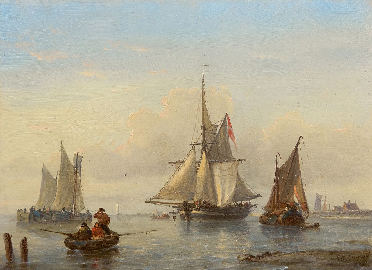 Opdenhoff G.W.  | Witzel 'George Willem' Opdenhoff, Segelboote an einem windstillen Tag vor der Küste, Öl auf Holz 20,8 x 28,4 cm, Unterzeichnet u.r.