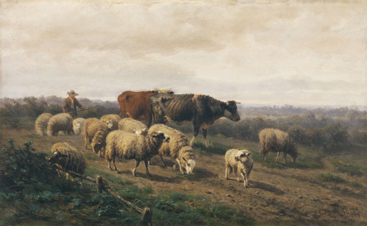 Flier H.R. van der | Helmert Richard van der Flier, Hirt mit seinem Vieh, Öl auf Holz 31,0 x 50,2 cm, Unterzeichnet u.r. und datiert '70