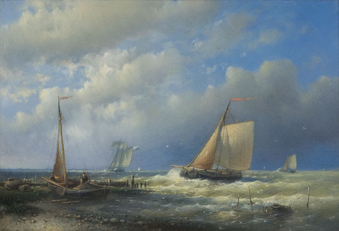 Hulk A.  | Abraham Hulk, Segelschiffe und angelegtes Fischerboot vor der Küste, Öl auf Holz 17,9 x 26,2 cm, Unterzeichnet u.l. Initialen