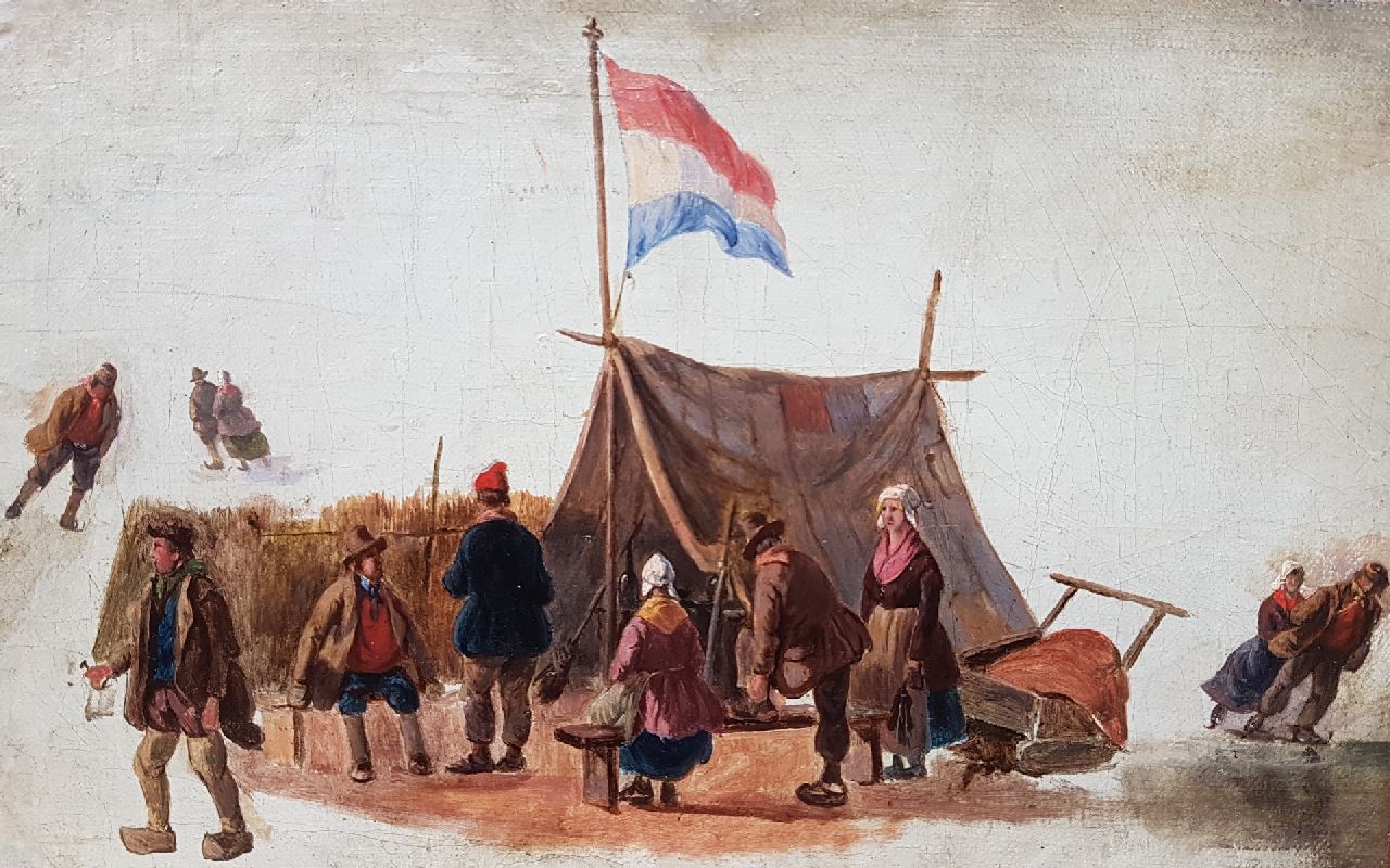Schelfhout A.  | Andreas Schelfhout | Gemälde zum Verkauf angeboten | Schlittschuhläufer bei einem Zelt, Öl auf Leinwand, auf Pappe 13,2 x 21,1 cm