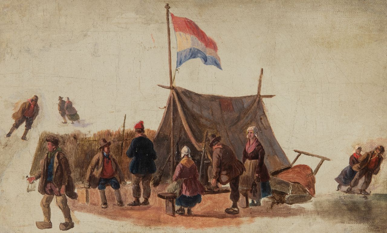 Schelfhout A.  | Andreas Schelfhout, Schlittschuhläufer bei einem Zelt, Öl auf Leinwand, auf Pappe 13,2 x 21,1 cm
