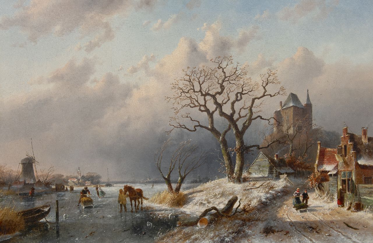 Leickert C.H.J.  | 'Charles' Henri Joseph Leickert, Winterlandschaft mit Schlittschuhläufern und Landleuten auf einem Weg, Öl auf Leinwand 80,0 x 120,8 cm, Unterzeichnet u.l.