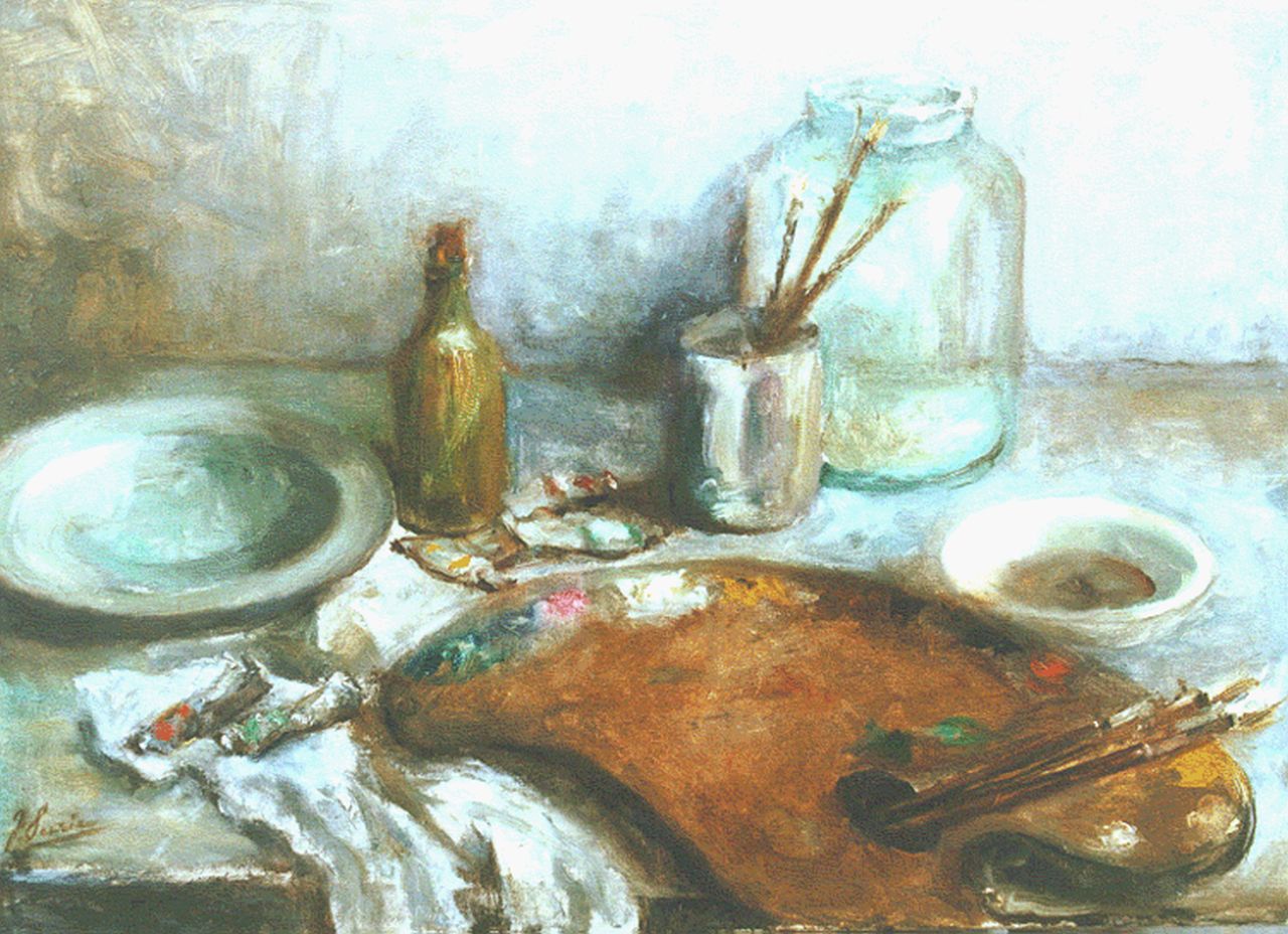 Surie J.  | Jacoba 'Coba' Surie, A still life with painter's equipment, Öl auf Leinwand 49,8 x 69,8 cm, signed l.l.