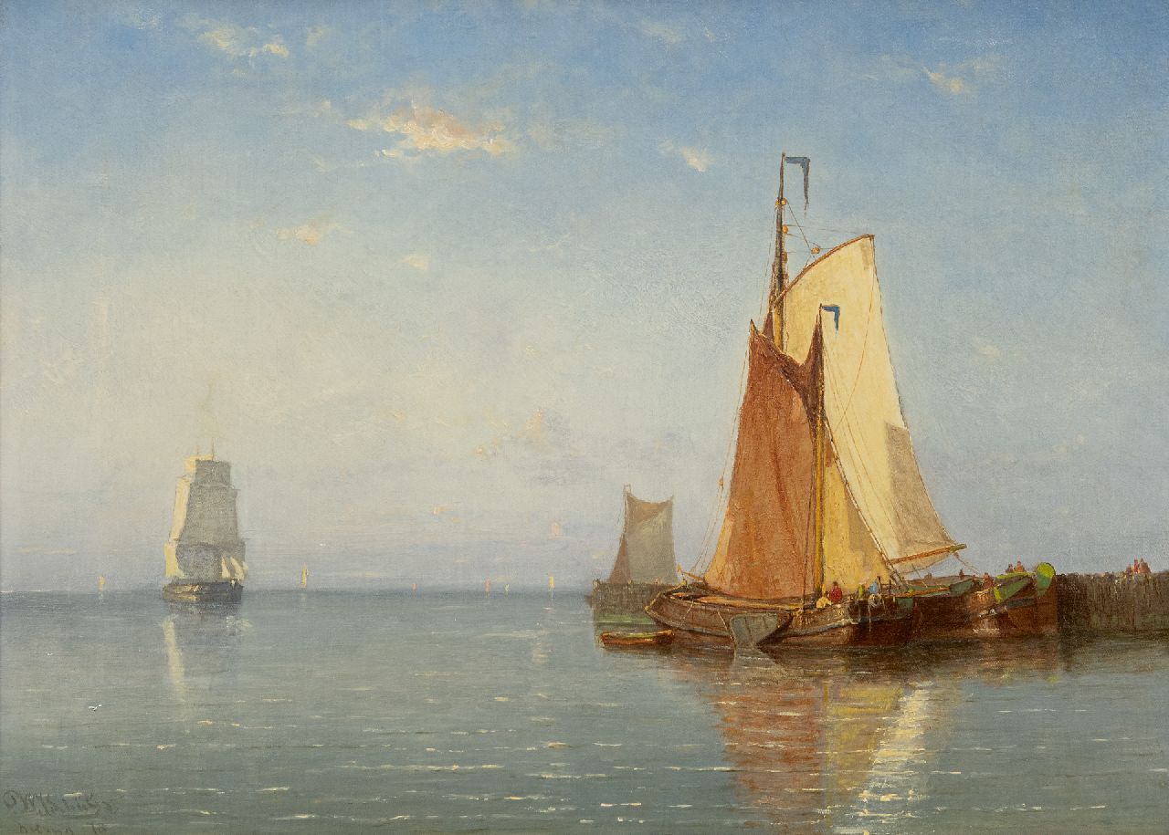 Schütz W.J.  | Willem Johannes Schütz, Angelegte Plattbodenboote bei ruhigem Wetter (Gegenstück von 11254, Öl auf Leinwand 42,3 x 58,8 cm, Unterzeichnet l.u. und datiert '78