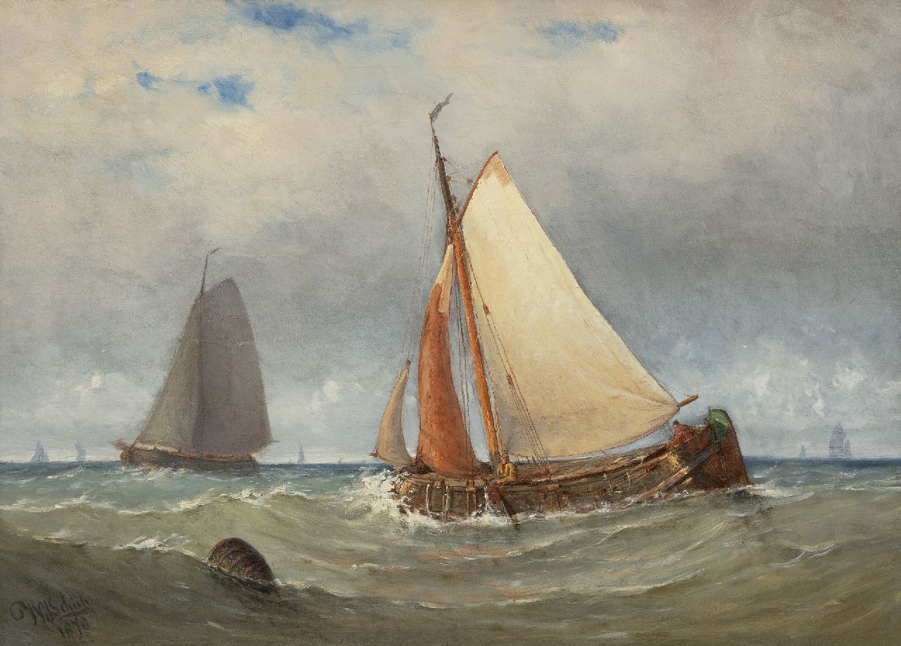 Schütz W.J.  | Willem Johannes Schütz, Kreuzendes Segelboot, Öl auf Leinwand 42,1 x 58,7 cm, Unterzeichnet l.u. und datiert 1878
