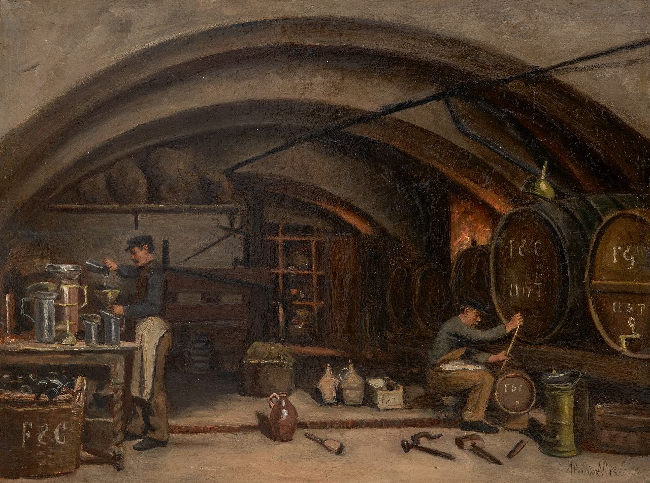 Vlis J.F. van der | Johannes Franciscus van der Vlis | Gemälde zum Verkauf angeboten | Blick in den Weinkeller von Finjé & Co. an der Oude Gracht, Utrecht, Öl auf Holz 39,3 x 50,1 cm, Unterzeichnet u.r. und zu datieren um 1910-1920, ohne Rahmen