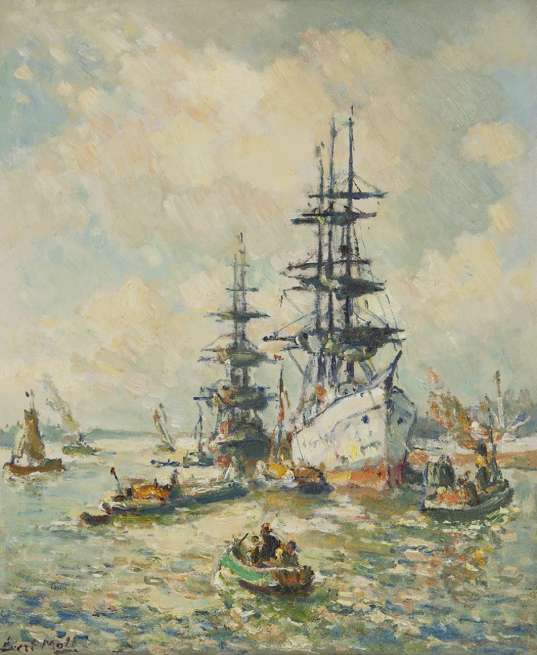 Moll E.  | Evert Moll | Gemälde zum Verkauf angeboten | Dreimaster im Rotterdamer Hafen, Öl auf Leinwand 60,2 x 50,2 cm, Unterzeichnet u.l.