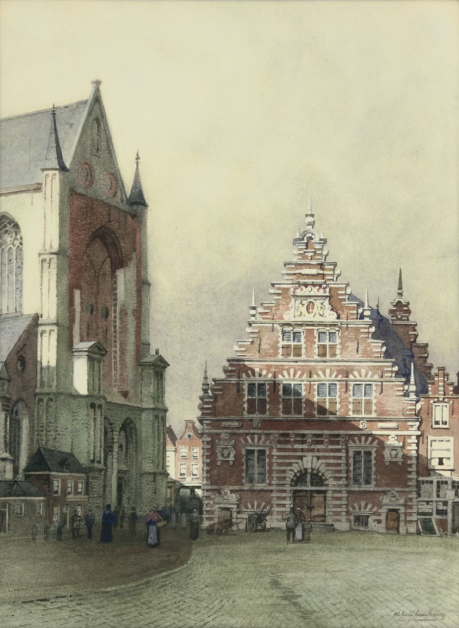 Klinkenberg J.C.K.  | Johannes Christiaan Karel Klinkenberg, Der Grote Markt mit der Vleeshal in Haarlem, Aquarell auf Papier 46,0 x 34,0 cm, Unterzeichnet u.r.