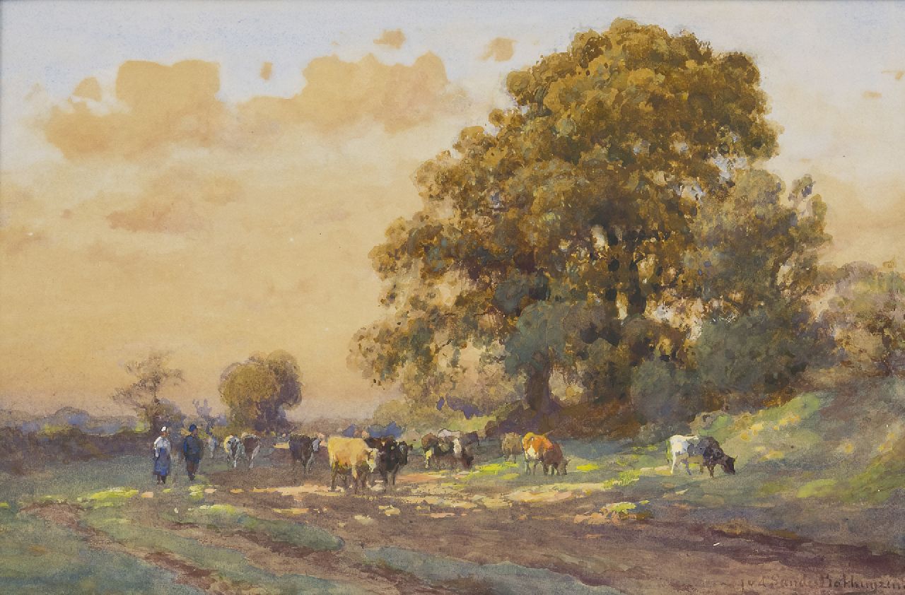 Sande Bakhuyzen J.J. van de | Julius Jacobus van de Sande Bakhuyzen | Aquarelle und Zeichnungen zum Verkauf angeboten | Sommer Morgen in Drenthe, Aquarell auf Papier 34,0 x 52,0 cm, Unterzeichnet u.r.