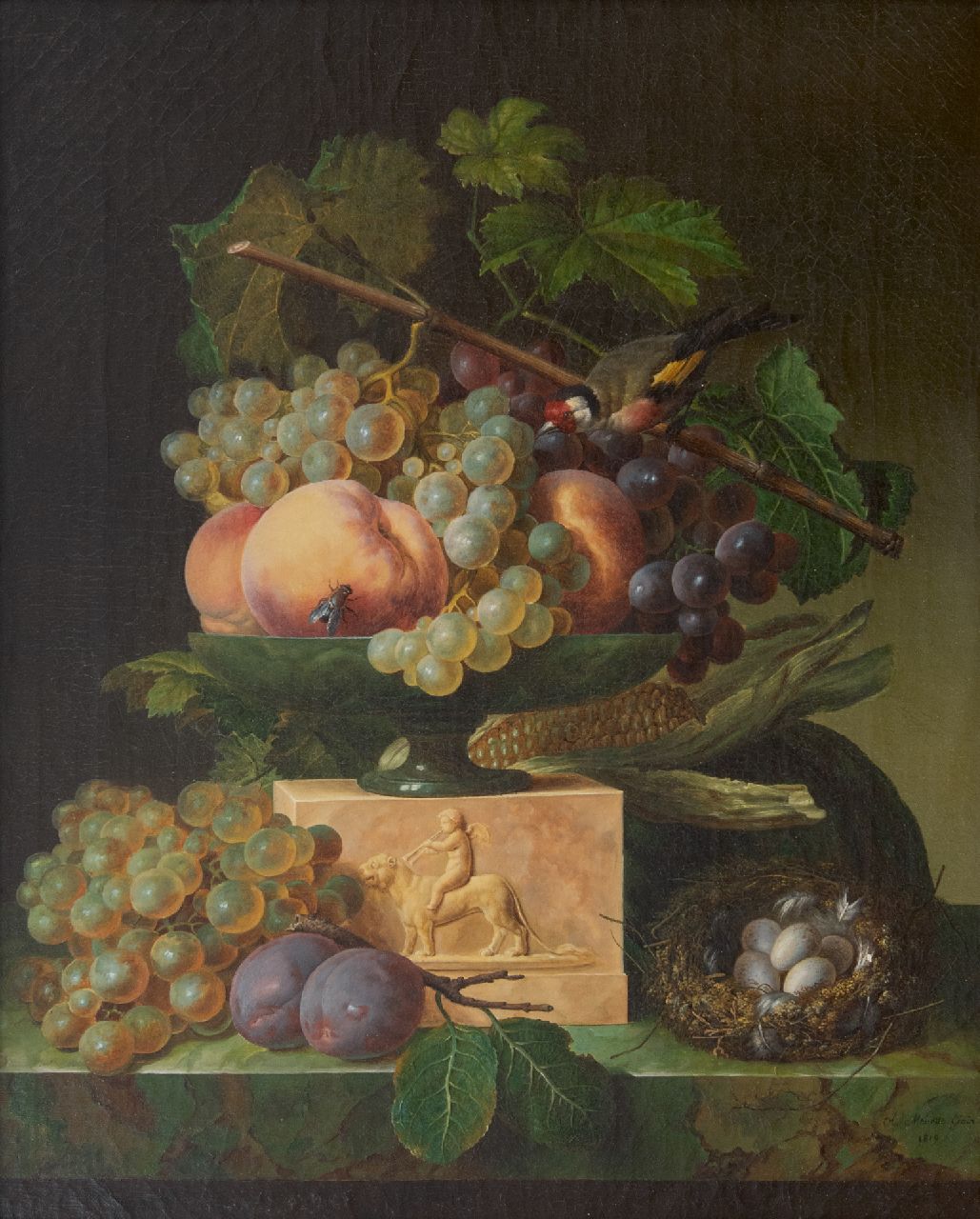 Génin O.M.  | Olympe Mouette Génin | Gemälde zum Verkauf angeboten | Stilleben mit Trauben, Vogelnest und ein Stieglitz, Öl auf Leinwand 49,2 x 39,8 cm, Unterzeichnet u.r. und datiert 1819