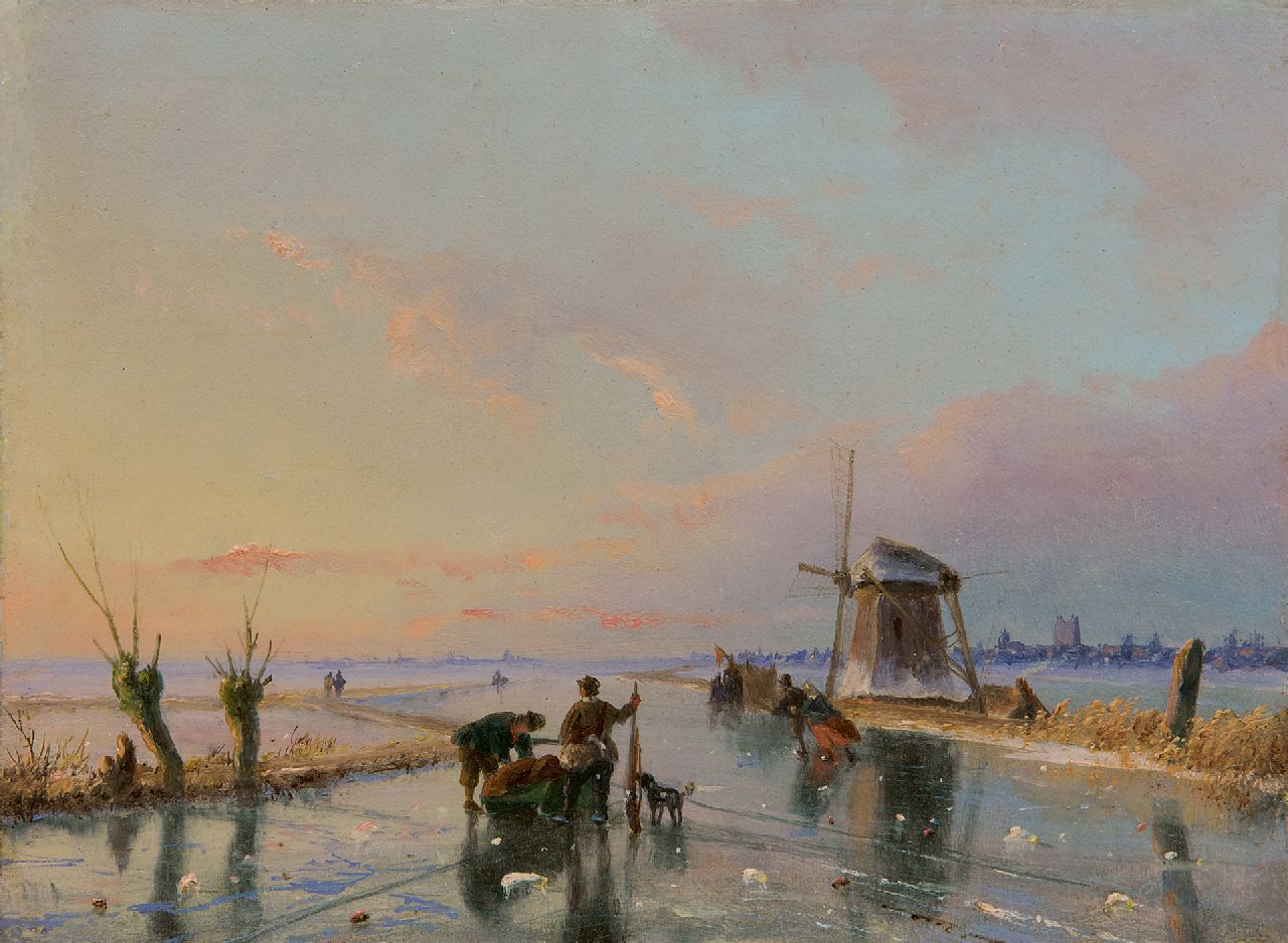 Roosenboom N.J.  | Nicolaas Johannes Roosenboom, Skaters and a sledge in an extensive winter landscape, Öl auf Holz 16,3 x 21,9 cm