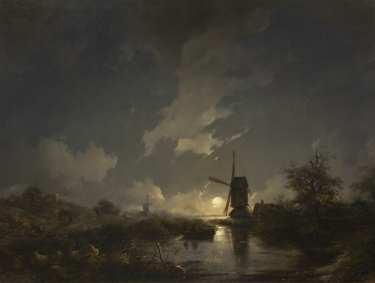 Haanen R.A.  | Remigius Adrianus Haanen, Holländischer Kanal im Mondlicht, Öl auf Holz 51,0 x 67,4 cm, Unterzeichnet u.r. mit Initialen