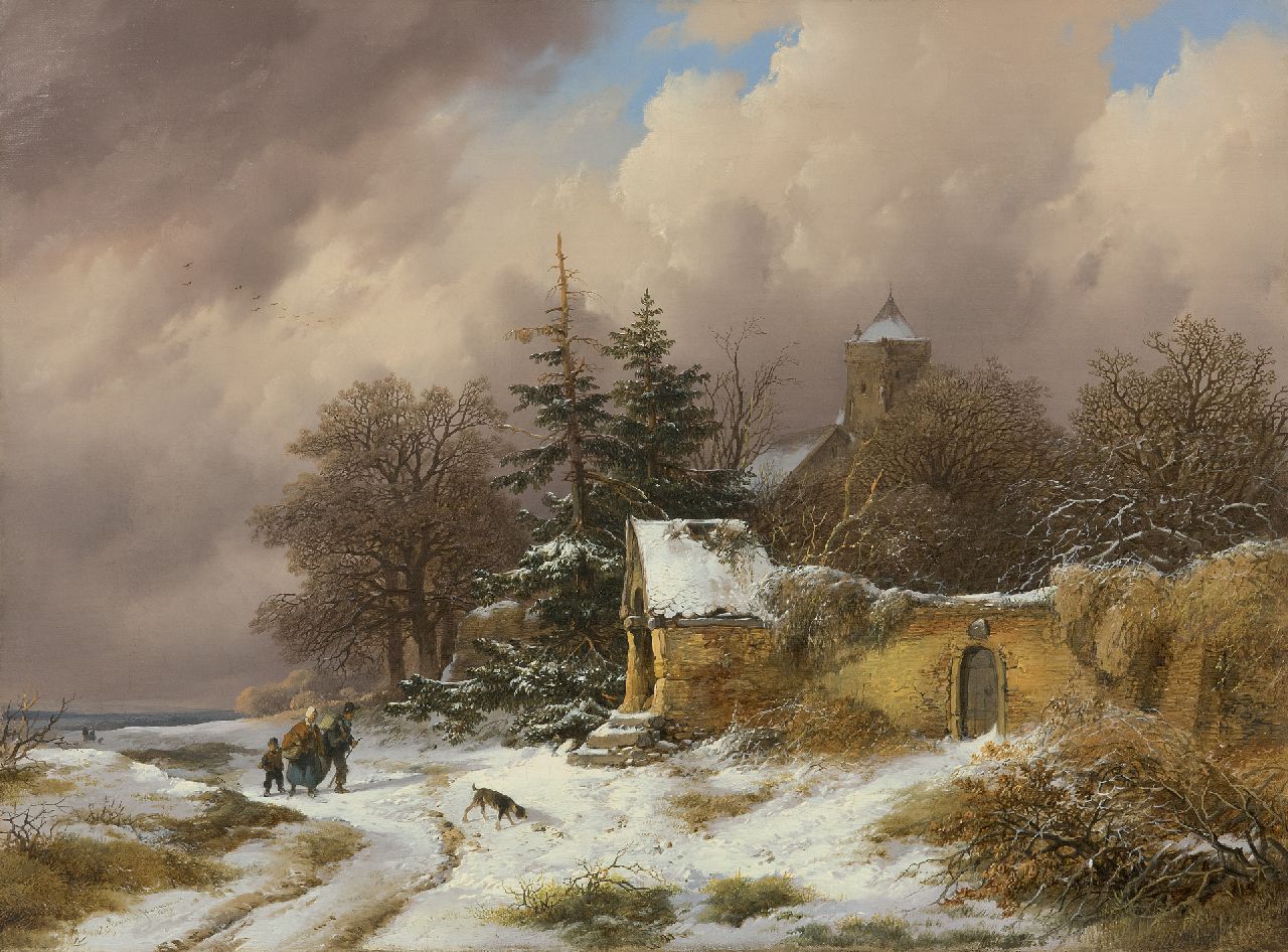 Remigius Adrianus Haanen | Winterlandschaft mit Landleuten auf einem Weg, Öl auf Leinwand, 36,3 x 49,3 cm, Unterzeichnet u.l. und datiert 1849