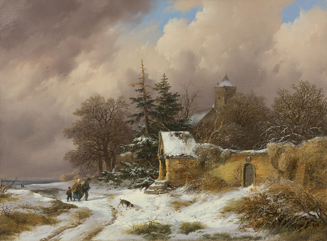 Haanen R.A.  | Remigius Adrianus Haanen | Gemälde zum Verkauf angeboten | Winterlandschaft mit Landleuten auf einem Weg, Öl auf Leinwand 36,3 x 49,3 cm, Unterzeichnet u.l. und datiert 1849