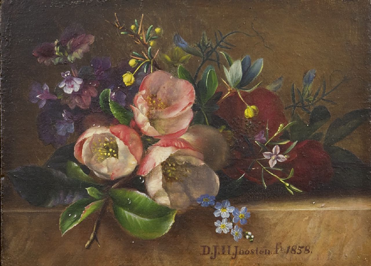 Joosten D.J.H.  | Dirk Jan Hendrik Joosten, Blumen auf einer Plinthe, Öl auf Holz 9,5 x 13,0 cm, Unterzeichnet u.m. und datiert 1858