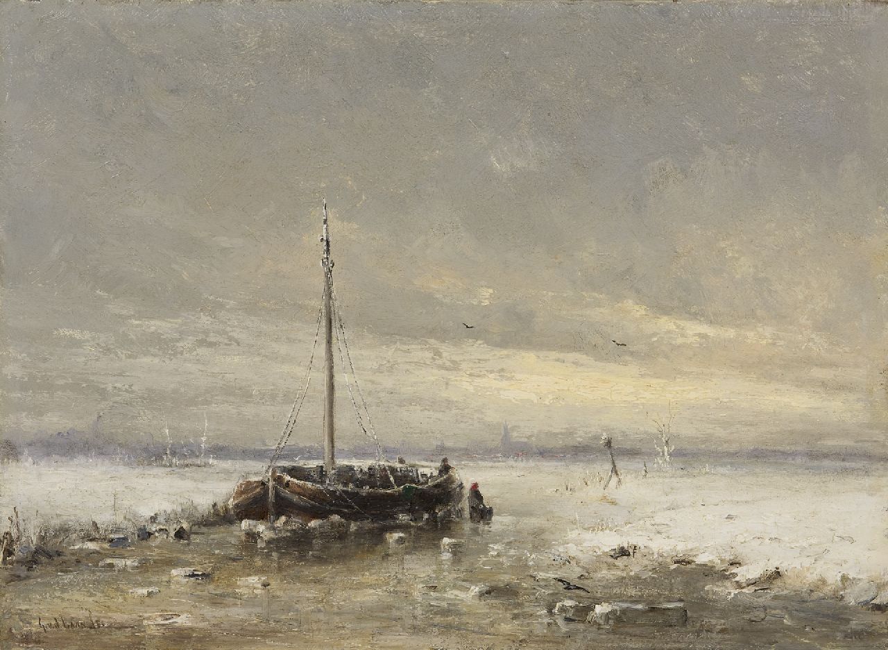Gerard van der Laan | Eingefrorenes Linienschiff, Öl auf Holz, 31,1 x 42,5 cm, Unterzeichnet u.l. und Ohne Rahmen