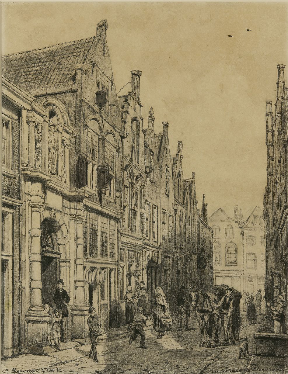 Springer C.  | Cornelis Springer, Die Vriesestrasse in Dordrecht mit dem Eingang der Gemeindeschule, Holzkohle  auf Papier 50,7 x 39,6 cm, Unterzeichnet u.l. und datiert 1 Nov. '82