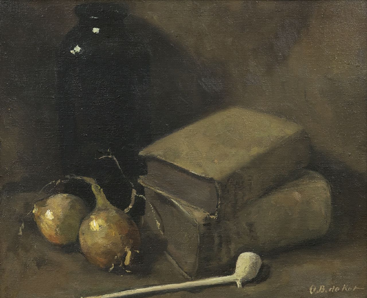 Kat O.B. de | 'Otto' Boudewijn de Kat, Stilleben mit Büchern, zwei Zwiebeln und einer Tonpfeife, Öl auf Leinwand 34,5 x 42,2 cm, Unterzeichnet u.r.